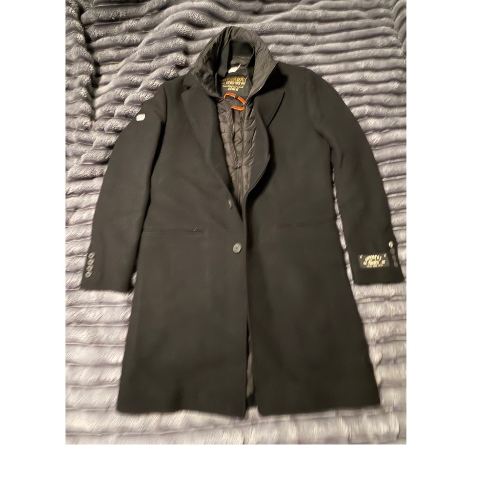 Superdry Studios Mens Wool Blend Overcoat Black Quilted Bib M5011790A Size L